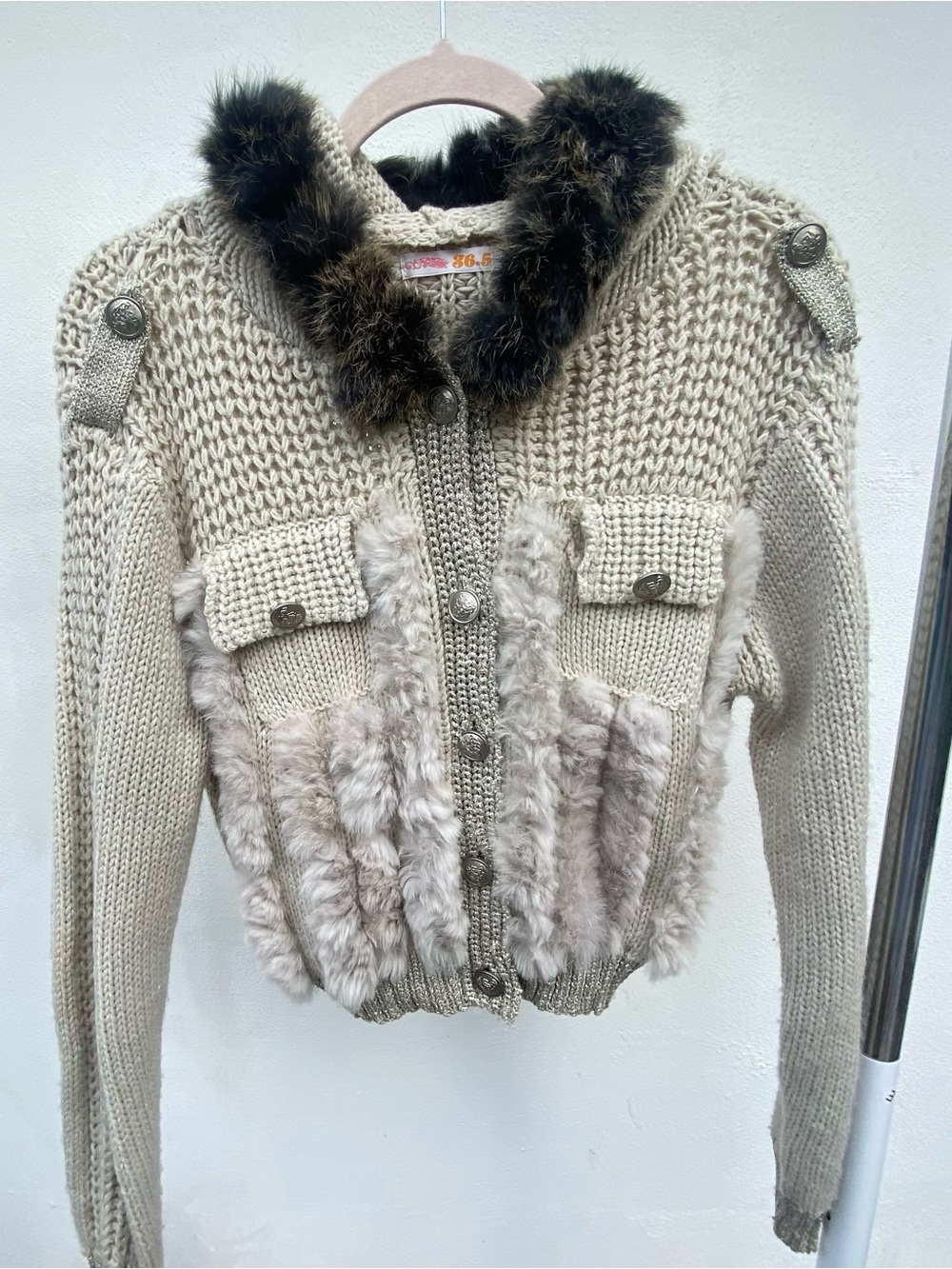 Y2K Cream Knit & Genuine Rabbit Fur Hooded Jacket Size Medium